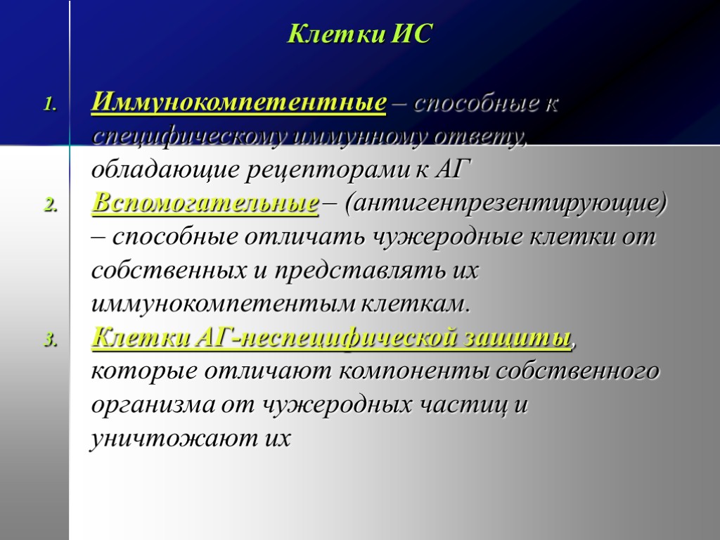 Клетки ИС Иммунокомпетентные – способные к специфическому иммунному ответу, обладающие рецепторами к АГ Вспомогательные